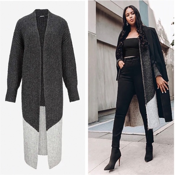 EXPRESS CARDIGAN DUSTER ASYMMETRICAL LIGHT DARK GRAY OVERSIZE FUZZY CHUNKY SZ XS - Picture 1 of 12
